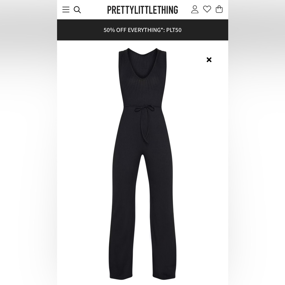 Pretty Little Thing Black Ribbed Tie Waist Wide Leg Jumpsuit - size 8